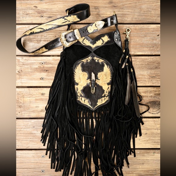 Buffalo Girl Versailles Apache Tasseled Black Leather Bag with Citrine Crystal - Picture 4 of 15